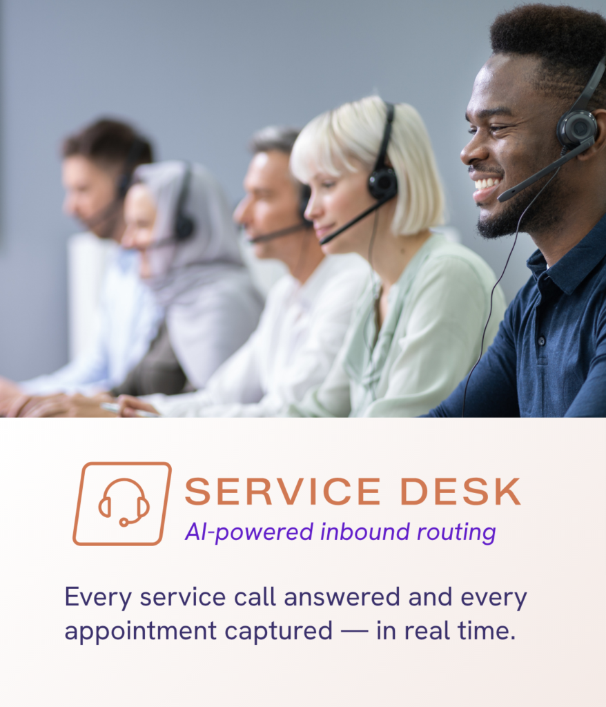 Team of call-center agents wearing headsets at a service desk, smiling and ready to assist customers.