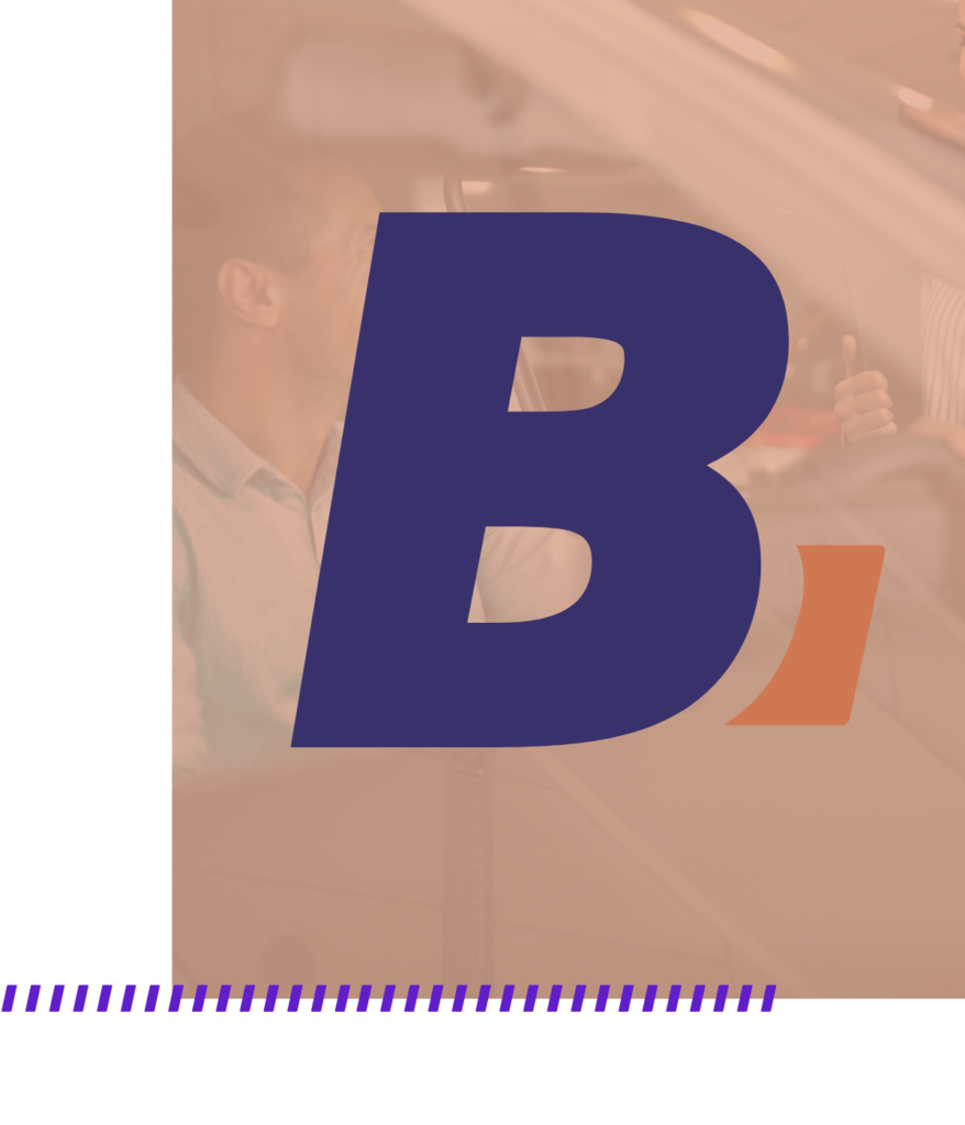 Brand banner featuring a bold navy letter 'B' with an orange accent on a muted group-photo background, plus a purple hatch pattern at the bottom edge.