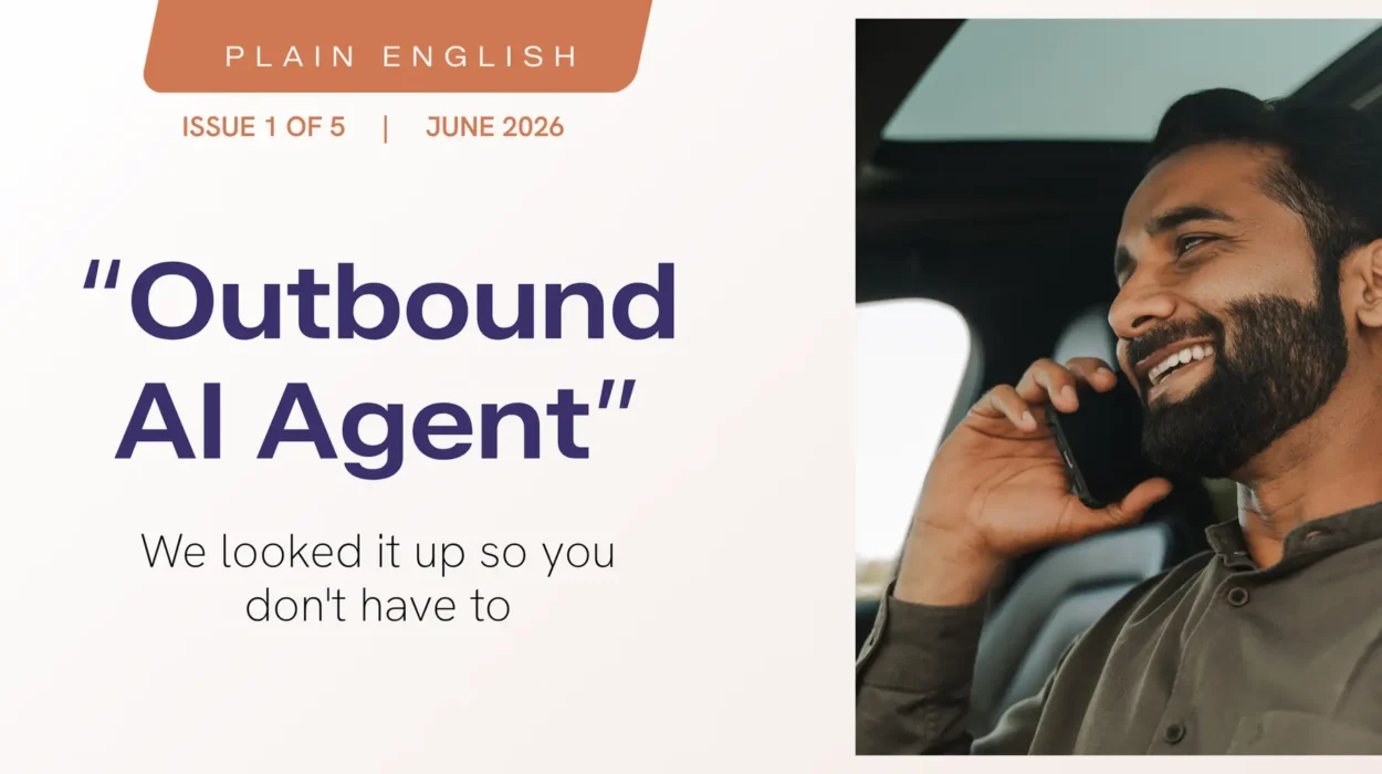 Magazine cover-style image announcing 'Outbound AI Agent' with left-aligned title and right-side photo of a man talking on a cellphone in a car, June 2026 issue and issue number visible on the left.