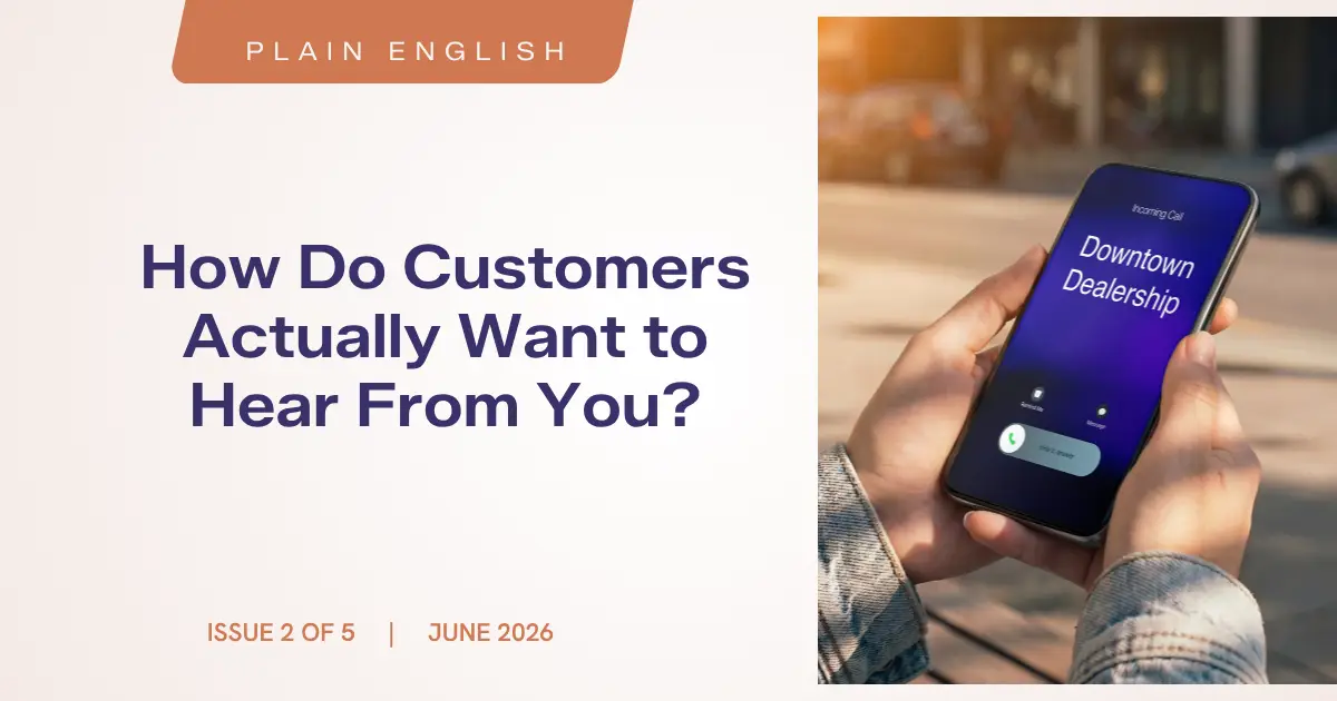 Cover: title 'How Do Customers Actually Want to Hear From You?' with a peach 'Plain English' badge; right shows a hand holding a phone displaying 'Downtown Dealership'.