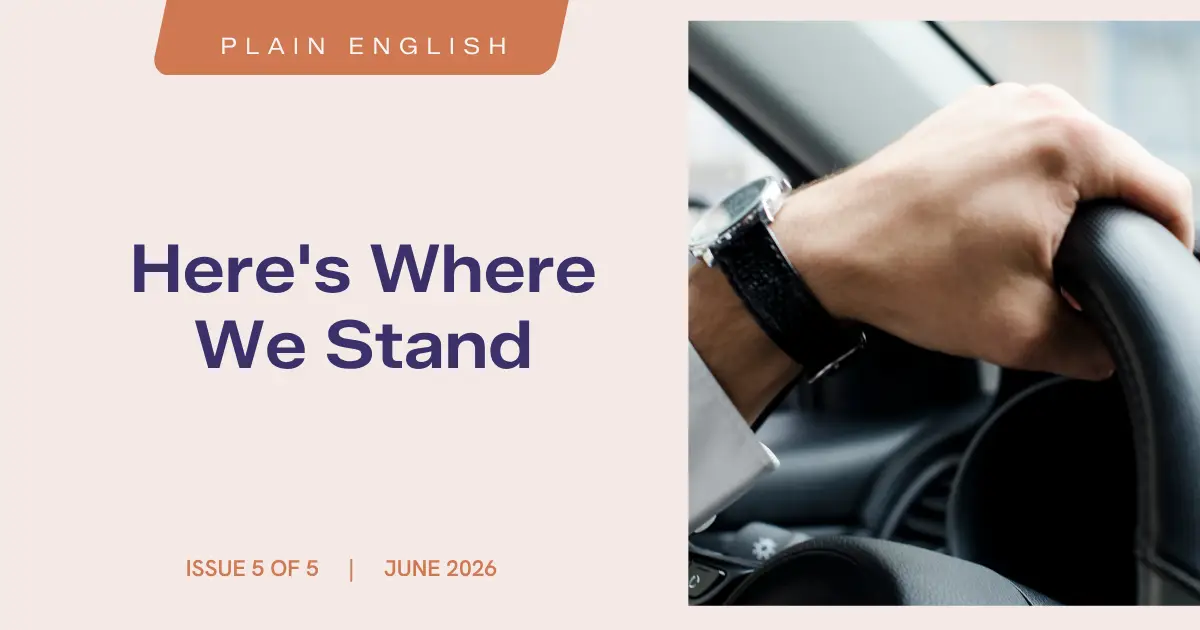Magazine cover: 'Here's Where We Stand' with a close-up of a hand gripping a car steering wheel on the right side.