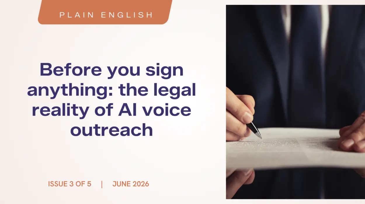 Magazine cover for Plain English: article on the legal reality of AI voice outreach, with a hand signing a document on the right.